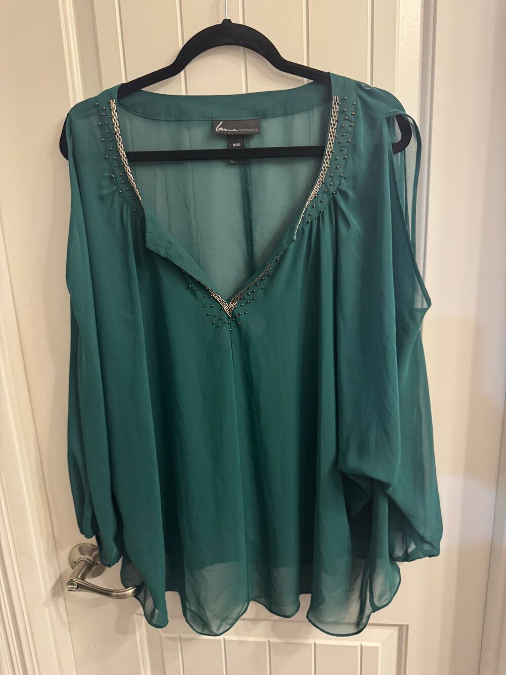 Lane Bryant 18/20 Green Sheer Embellished Cold Shoulder Top